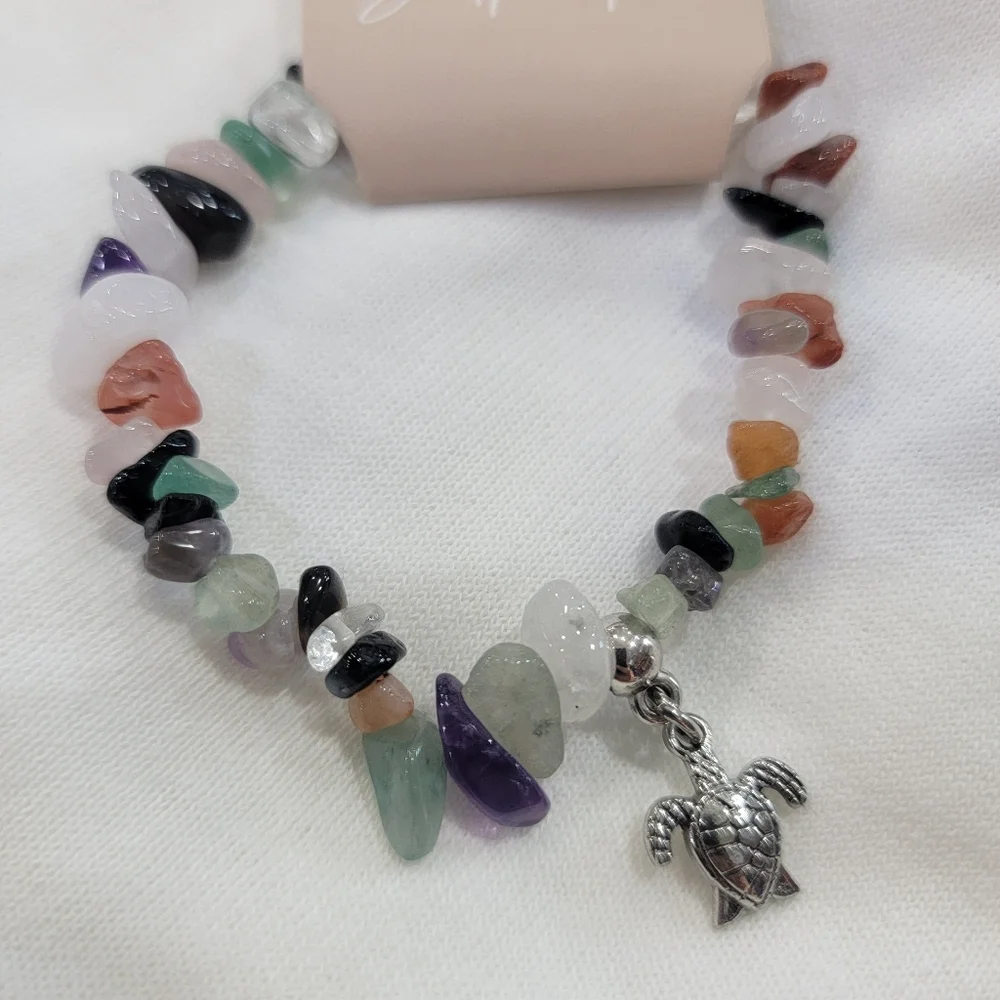 Multicolor Gemstone Bracelet with Turtle Charm